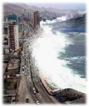 A large wave crashing on the side of a road.