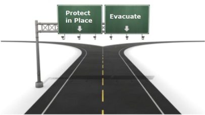 A street sign that says protect in place and evacuate.