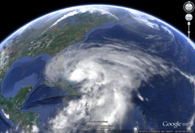 A satellite image of the earth shows a tropical storm.